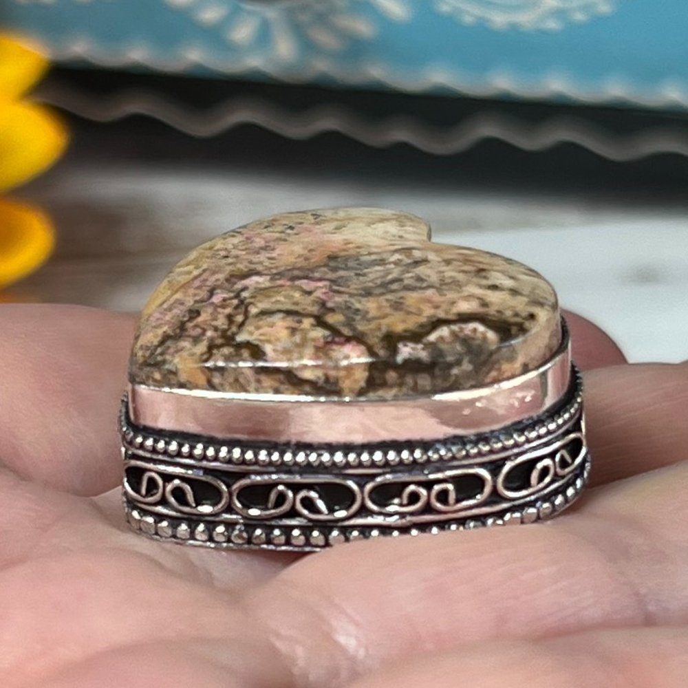 Picture Jasper Ring Heart Handmade Gemstone Crystal Antique Design 925 Silver - Picture 8 of 11